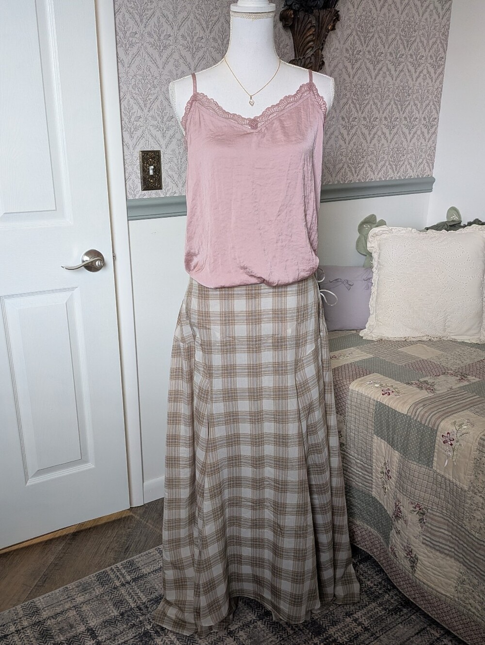Kallmeyer Alyse Gusset Skirt 10 Beige Plaid Cotton Silk Lined $820